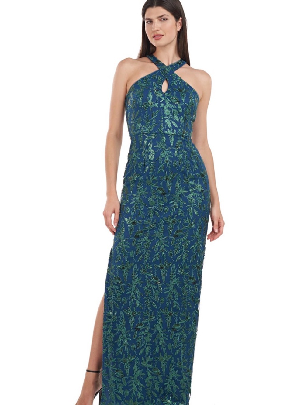 JS Collections Teal-Blue Halter Maxi with Green Botanical Print